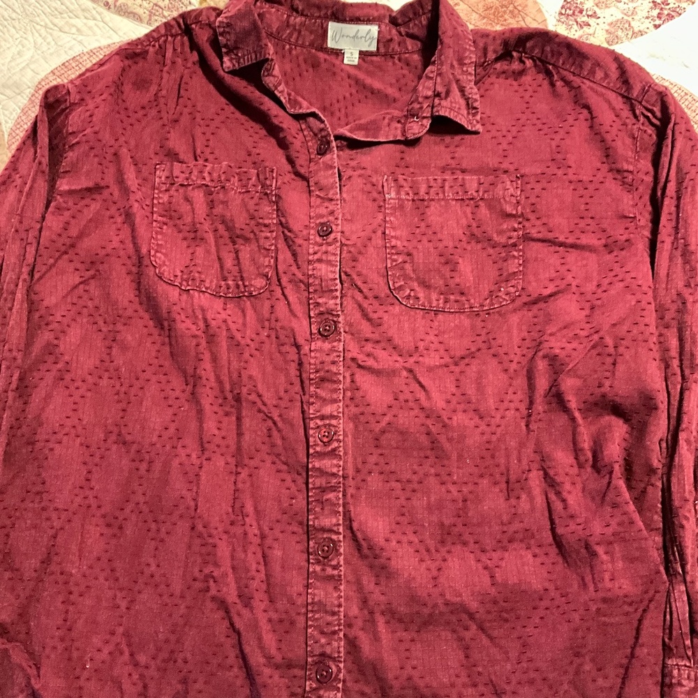 Button up burgundy brand Wonderly size small with cross tie on the back
